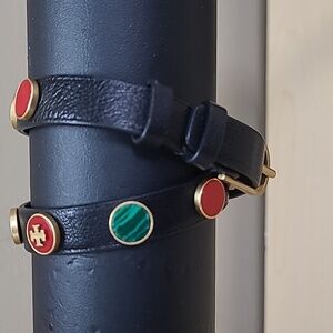 Tory Burch Double Wrap Stud Unisex Bracelet Black Leather Gold-tone Studs VGUC